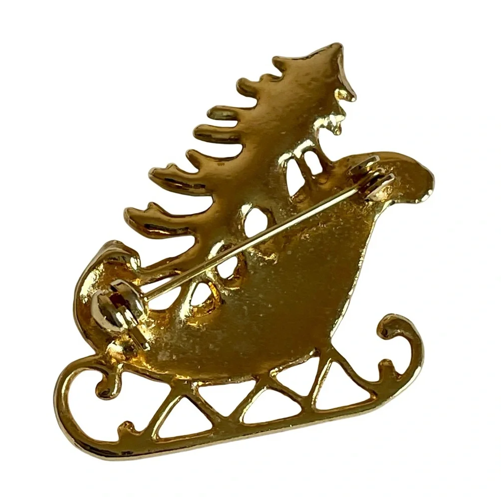 Vintage Mid-Century Red Sleigh With Christmas Tree Brooch - Picture 3 of 3